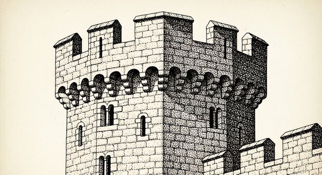 Detailed Architectural Drawing of a Medieval Castle Tower.