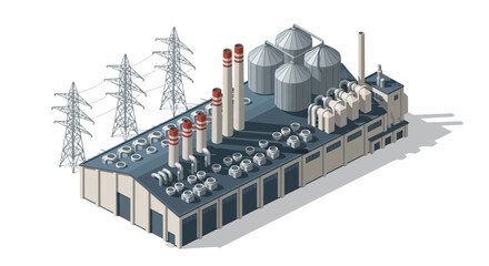 Fototapeta premium Isometric industrial complex with power plant buildings, smokestacks, storage silos, and electricity lines, for energy production and manufacturing