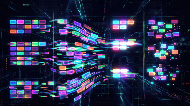 Agile project management scrum iteration boards abstract concept. Abstract digital design with colorful data flow and connections.