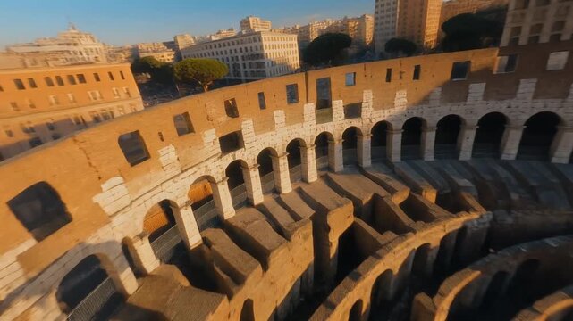 FPV Pass Along Colosseum Curved Stone Structure