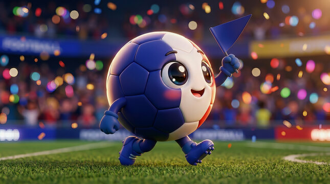 Cute anthropomorphic soccer ball mascot running on a green field while holding a blue flag with confetti falling in a stadium.