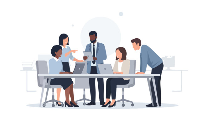 This vector illustration depicts a diverse group of corporate professionals collaborating around a desk in a modern office environment.