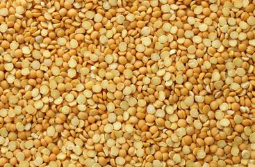 Fototapeta premium Pea grains in big pile on table close up. Large amount of yellow pea seeds