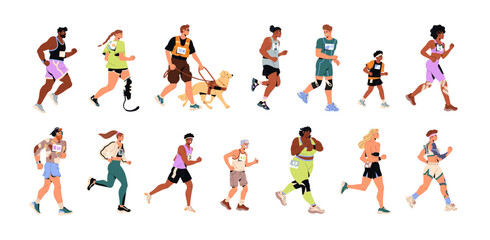 Obraz premium Set of running people. Joggers and athletes with disabilities are jogging. Diverse runners are training. Men, women and kids do sports side view. Flat isolated vector illustrations on white background