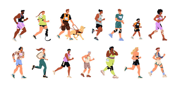 Set of running people. Joggers and athletes with disabilities are jogging. Diverse runners are training. Men, women and kids do sports side view. Flat isolated vector illustrations on white background