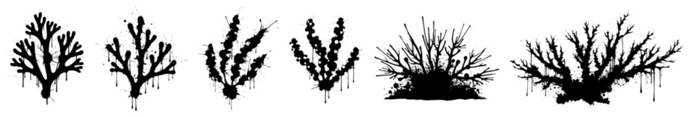Shrub silhouettes and small plant bushes with dripping ink stains and paint splatter accents © Wuszu