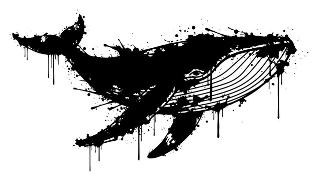Whale swimming in ocean with ink splatters and dripping paint style
