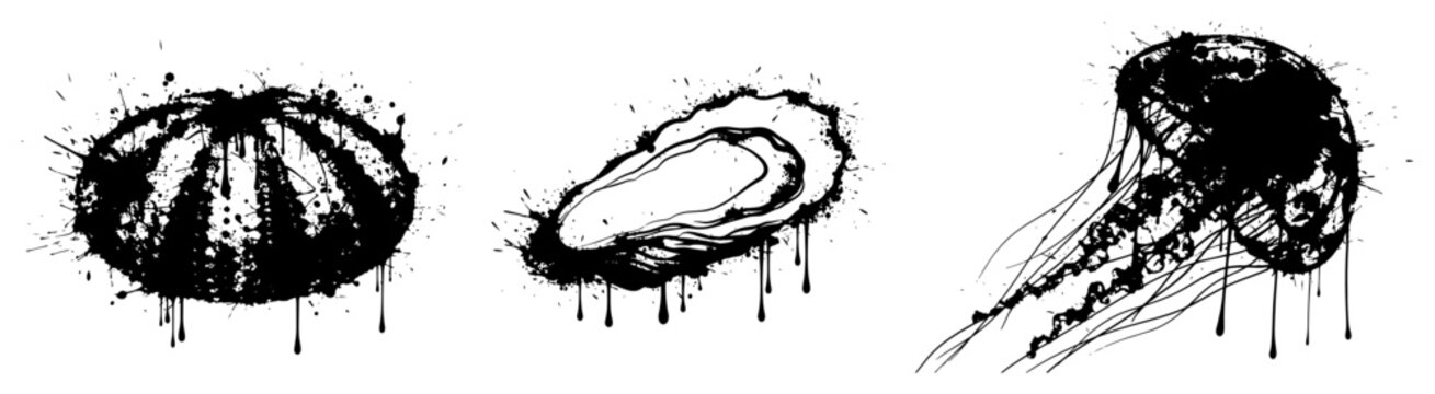 Sea urchin oyster shell and jellyfish set in ink splatter style