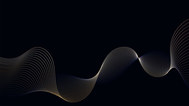 Dark Abstract Wave Background with Golden Flowing Lines on Black Canvas