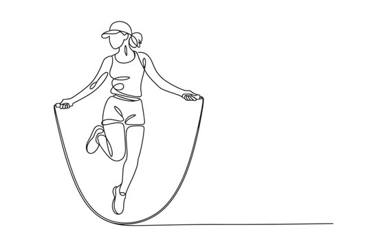 Single continuous line drawing young sportive woman train jumping with skipping rope in sport.