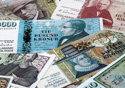Icelandic krona money banknotes pile on table. Iceland bills of ISK currency. Concept of economy