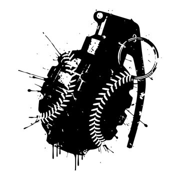 Hand grenade with baseball stitch patterns and artistic ink splatter grunge style