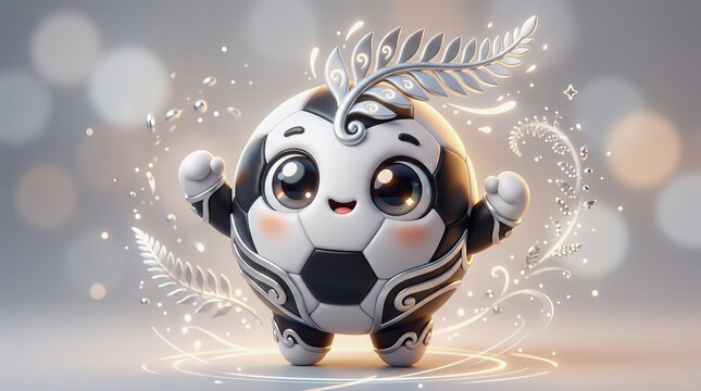 Cute cartoon soccer ball mascot with silver fern emblem, cheering with sparkles and bokeh background
