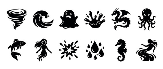 Fototapeta premium Water elements and mythical creatures vector icons set, featuring various natural phenomena and fantasy beings in a clean, modern silhouette style.