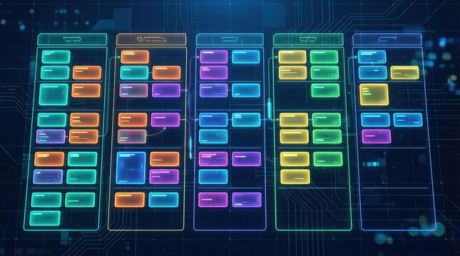 Agile project management scrum iteration boards abstract concept. Colorful digital flowcharts showcasing data processing structures.