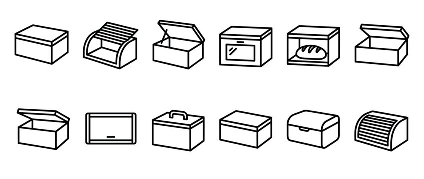 Collection of various bread boxes icons in outline style, representing different designs for kitchen storage.