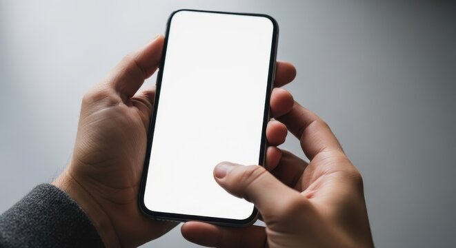 Person's hands holding a sleek smartphone with a pristine white screen, ideal for showcasing digital content, app interfaces, or interactive designs