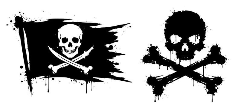 Pirate flag and skull with crossbones silhouettes in grungy ink splatter style