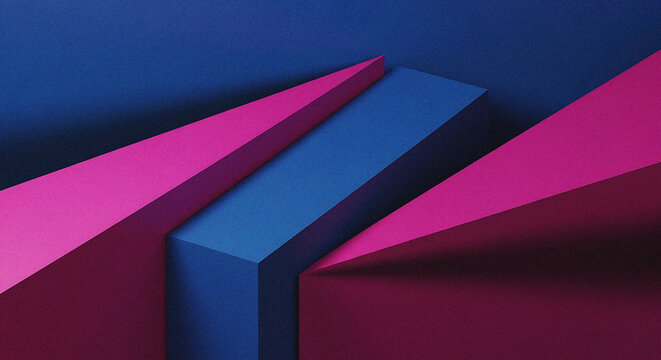 Geometric shapes in blue, pink, and purple colors form abstract composition