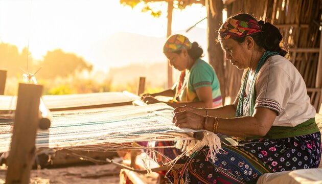 Two women weaving traditional textiles in a rural setting.