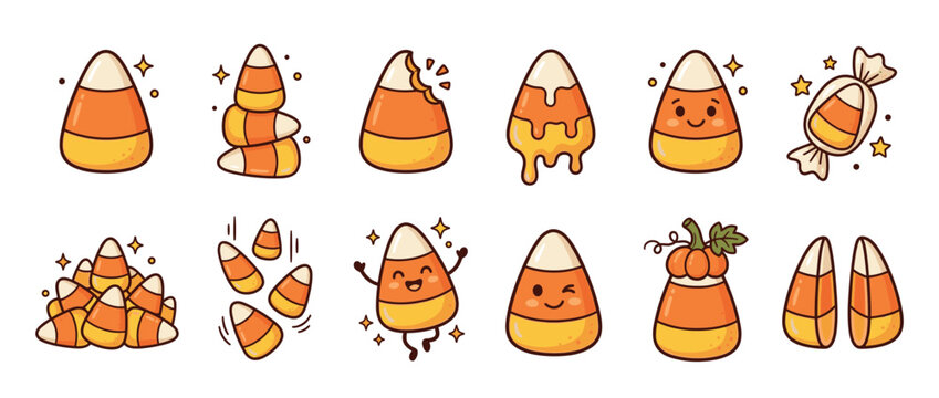Candy corn illustrations featuring a cute cartoon collection of sweet Halloween treats with various expressions and styles.
