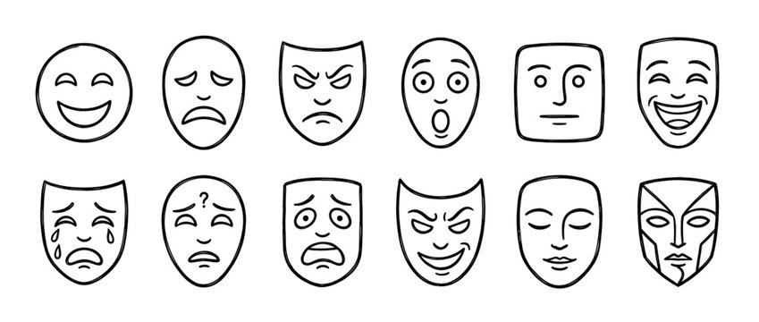 Collection of diverse facial expressions and emotion masks depicting a wide range of human feelings and moods in a simple outline style.