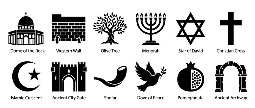 Religious and cultural symbols of Abrahamic faiths and the Middle East presented as a collection of black silhouette icons.