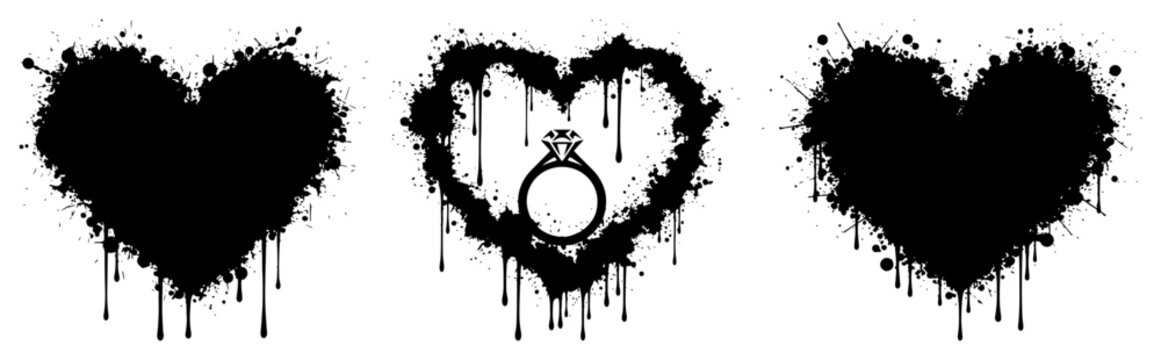 Heart shapes with engagement ring in ink splatter style
