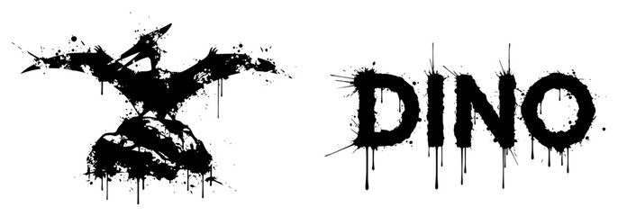 Pterodactyl silhouette on rock and Dino text in messy ink splatter style © Wuszu