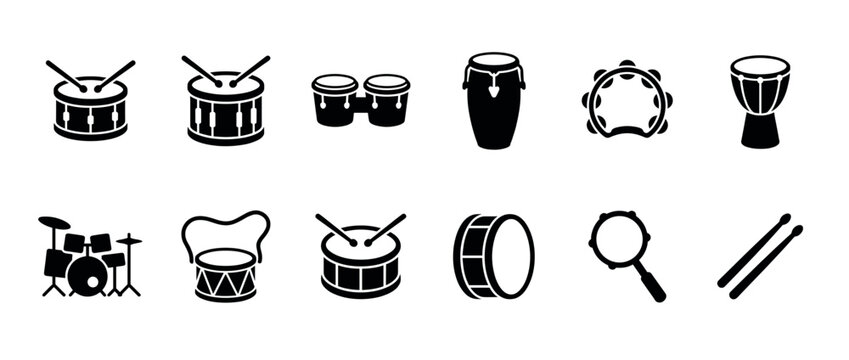 Collection of various drum and percussion musical instruments in black silhouette icons for rhythm and music concepts