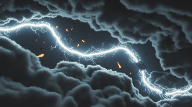 Lightning striking through dark storm clouds with glowing embers, lightning stri