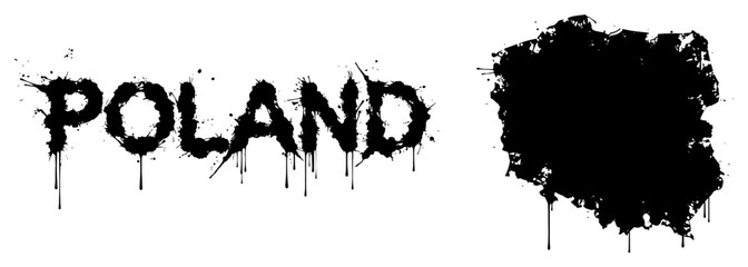 Poland map and country name typography with artistic ink splatters and dripping paint grunge style © Wuszu