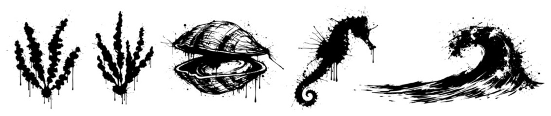 Marine life set with seahorse shell wave and seaweed in ink splatter style © Wuszu
