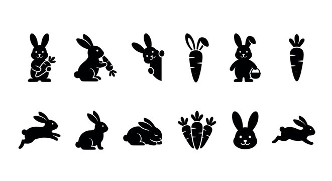 Collection of cute black silhouette rabbits and carrots icons in various poses and styles, perfect for spring, Easter, or animal-themed designs.