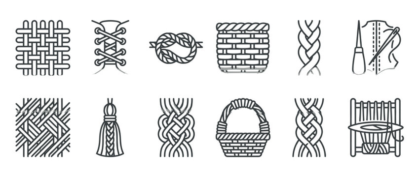 Collection of weaving, braiding, and knot icons representing various textile crafts, patterns, and handmade techniques in a linear style.