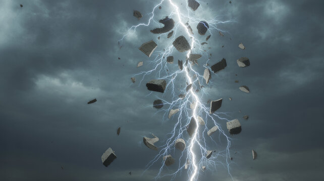 Lightning striking a pile of paper in a stormy sky with lightning, dramatic