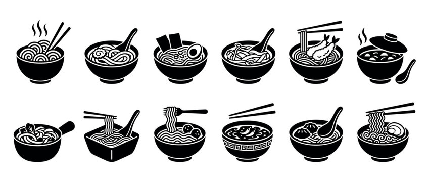 Collection of various Asian noodle bowls and soup dishes with chopsticks and spoons, presented as black and white icons.