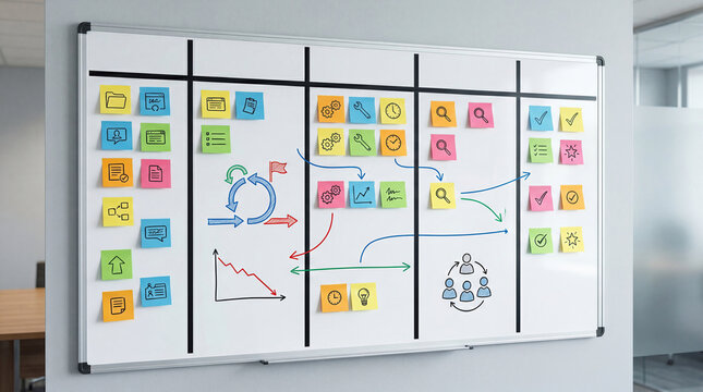 Agile project management scrum iteration boards abstract concept. Colorful post-it notes on a board for effective teamwork planning.
