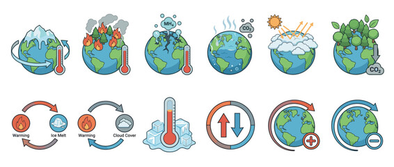 Fototapeta premium Climate change and global warming icons illustrating environmental impact, greenhouse gases, deforestation, ice melt, and Earth's temperature fluctuations.