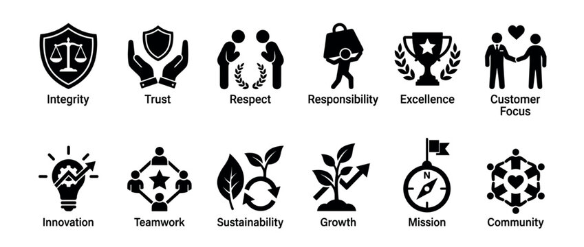 Business core values and corporate principles represented by a comprehensive set of black and white icons illustrating key concepts like integrity, trust, and innovation.