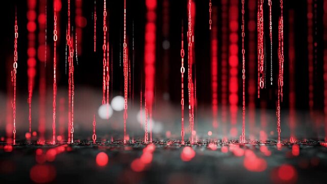 Digital rain effect with glowing red binary code, abstract futuristic technology, cyberpunk data stream, immersive dynamic scene, dark illuminated
