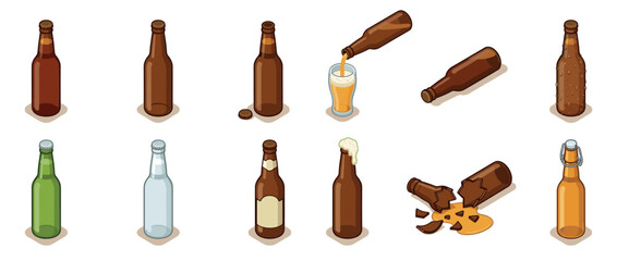 Naklejka premium Isometric beer bottles and beverage containers in various states, including full, empty, pouring, broken, and with condensation, for drink-related designs.