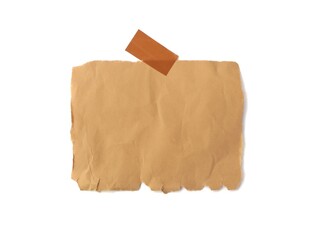 Fototapeta premium Ripped piece of brown craft paper with adhesive tape on white background. Perfect for mockups, notes, reminders, or vintage-style design elements
