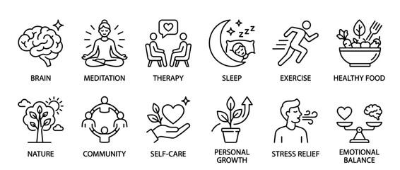 Obraz premium Wellness and mental health icons illustrating various aspects of a balanced and healthy lifestyle, including self-care, exercise, and emotional well-being.