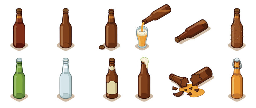 Isometric beer bottles and beverage containers in various states, including full, empty, pouring, broken, and with condensation, for drink-related designs.
