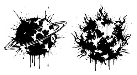 Celestial planets with rings and solar flares in ink splatter style © Wuszu
