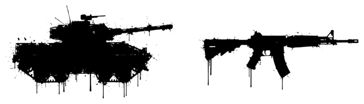 Military battle tank and assault rifle silhouettes in ink splatter style