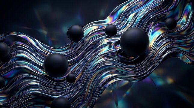 Abstract liquid chrome background with iridescent oil-slick waves and floating obsidian spheres, luxury dark backdrop with copy space.