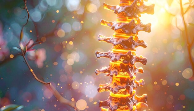Detailed Spine Anatomy Illustration with Bokeh Lights and Warm Tones.