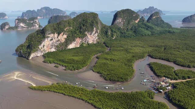 Aerial view of limestone karsts and mangrove forests in phang nga bay
